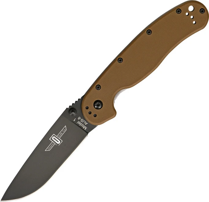 Ontario RAT-1 Folding Knife Black Plain Edge Coyote Brown Nylon Handle 8846 CB