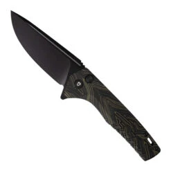 Tekto F3 Charlie Button Lock Folding Knife Green/Black Gmascus Handle D2 Drop Point Plain Black Blade