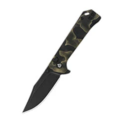 QSP Grebe Button Lock Folding Knife Camo Raffir Resin Handle S35VN Clip Point Plain Black Blade QS147F-2